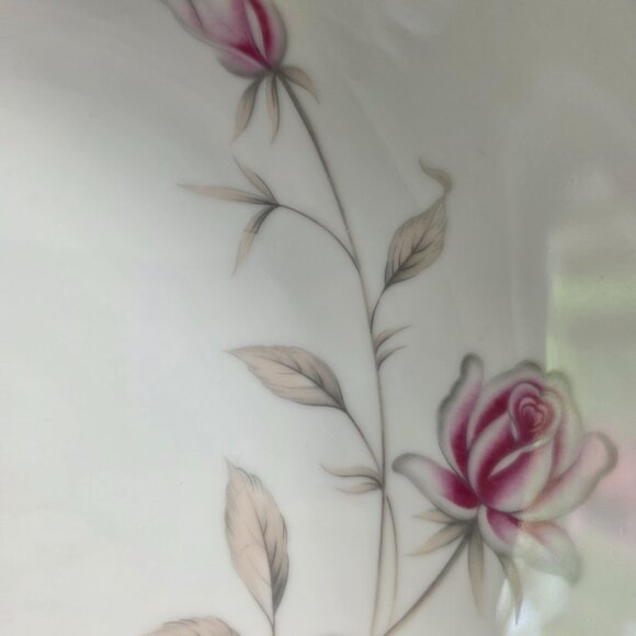 Seizan Fine China Lasting Rose 9 Inch Serving Bowl White Pink Roses Gray Leaves - Picture 3 of 15